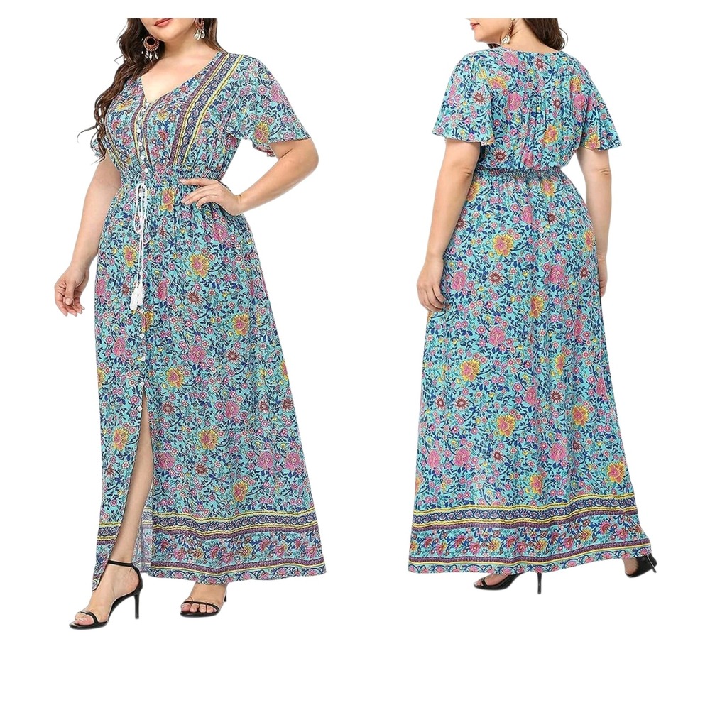 Pinup Fashion Turquoise Floral Boho Jumpsuit 16W NWT Button Front Drawstring